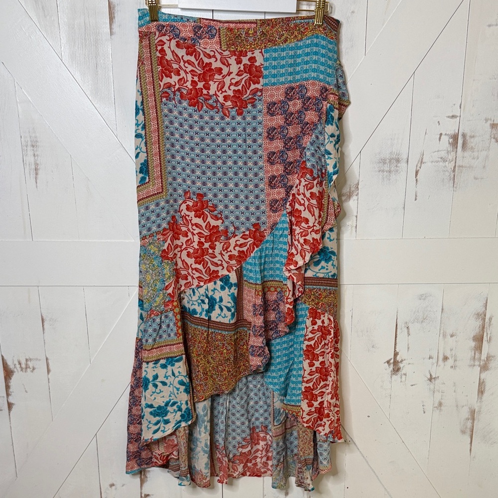 Kori Boho Patchwork Multi Color Ruffle Maxi Skirt